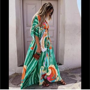 Bohemian Emerald Hippie
Print Summer Beach Slit Maxi
Dress In Green,
